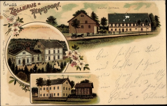 Chromo-Litho Hermsdorf in the Eastern Ore Mountains, Gasthof Zollhaus, Hermsdorf Rehefeld train station, Villa Martini