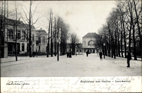 Postcard Leeuwarden Friesland Netherlands, Sophialaan met Station