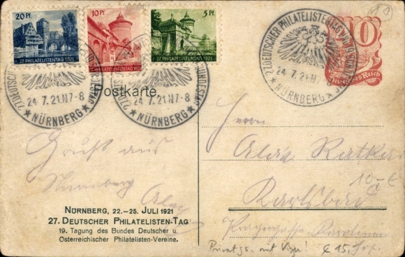 Coat of arms Postcard Nuremberg in Middle Franconia Bavaria, 27th German Philatelists' Day 1921
