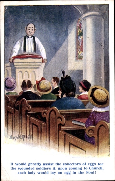 Artist Postcard McGill, Donald, priest in the church, collecting eggs for wounded soldiers