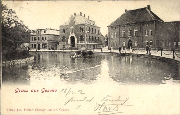 Postcard Geseke in Westphalia, river area, houses, passers-by