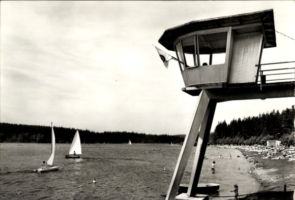 Ak Ehrenfriedersdorf im Erzgebirge, Blick auf Greifenbachstauweiher, Bootshaus, Segelboote, Bäume