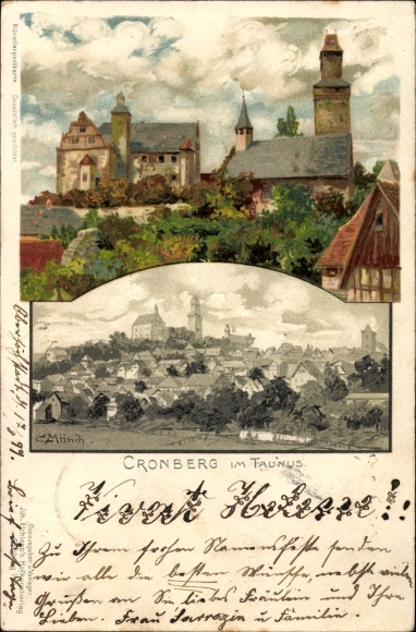 Artist Chromo-Litho Münch, C., Kronberg im Taunus Hessen, village, castle