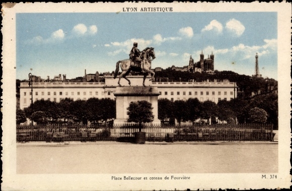Ak Lyon Rhône, Reiterstatue, Platz Bellecour, Hügel von Fourvière, Lyon