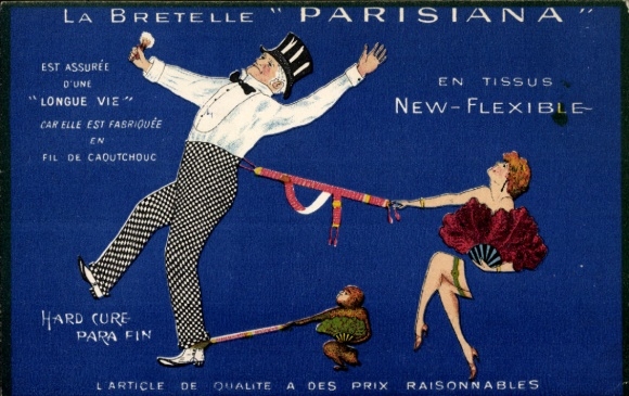 Artist Postcard La Bretelle Parisiana, advertisement, suspenders, lady covered with fan