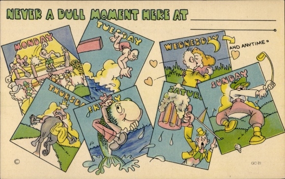 Postcard allegory, days of the week, boxing match, golf, beer, kiss