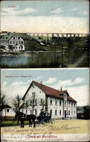 Ak Oberschöna in Sachsen, Gasthof zum Erbgericht, Viadukt, Kutsche