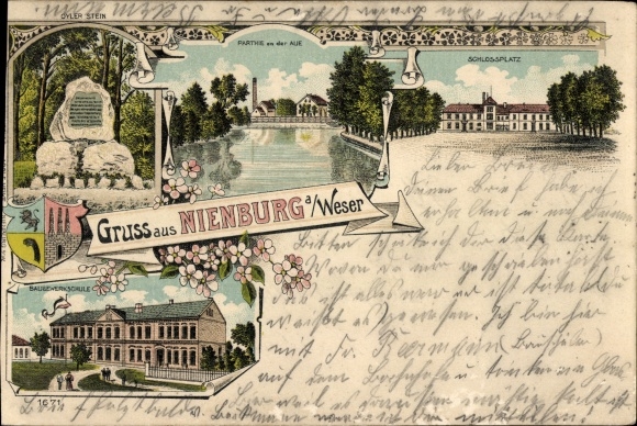 Chromo-Litho Nienburg an der Weser, Schlossplatz, building trade school, Oyler Stein, coat of arms