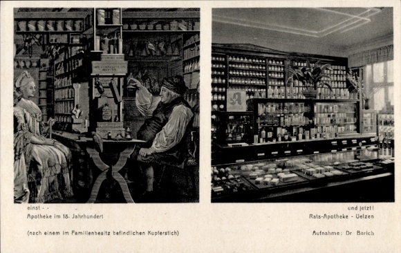 Postcard Uelzen in Lower Saxony, Rats-Apotheke, pharmacy in the 18th century and now