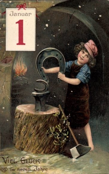 Postcard Happy New Year, blacksmith, horseshoe, calendar