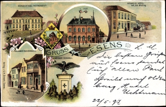 Chromo-Litho Esens in Ostfriesland, Wessels Hotel, war memorial, post office, widow&#39;s pen, bookbinding