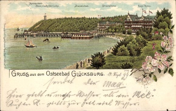 Postcard Glücksburg on the Baltic Sea, Baltic Sea resort Herrenbad, steamship bridge, women's bath, beach hotel