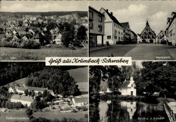 Postcard Krumbach Swabia, spa, market square, Kammel, aerial photograph