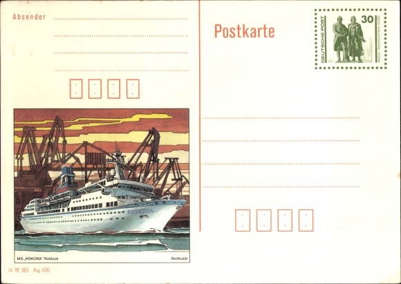 Postal stationery PC passenger ship MS Arkona, Rostock, shipyard