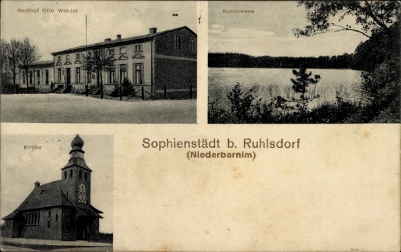 Postcard Sophienstädt Marienwerder in Barnim, Gasthof Otto Wenzel, Buckowsee, Church