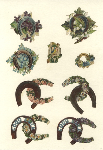 9 Oblaten Hufeisen u.a. mit Blumen, "Good Luck", Größe ca. 6 x 8 cm bis 4 x 3 cm