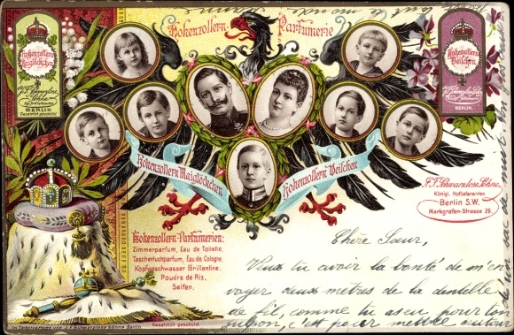Chromo-Litho Imperial House under Wilhelm II, Hohenzollern Parfumerie, Berlin Markgrafenstraße 29