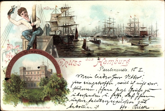 Litho Hamburg St. Pauli, Segelschiffhafen mit Seewarte, Matrose am Mast
