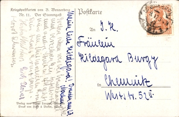Artist Postcard Wennerberg, Bruno, regular guest, soldier at the table, waitresses