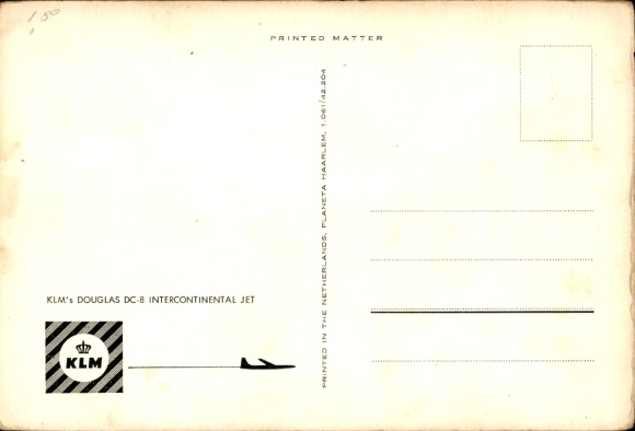 Postcard Dutch passenger aircraft Douglas DC-8 Intercontinental Jet, KLM