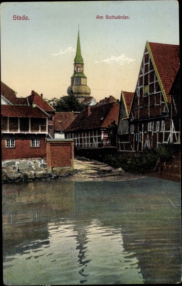 Postcard Stade in Lower Saxony, Am Bottwaerder, church tower