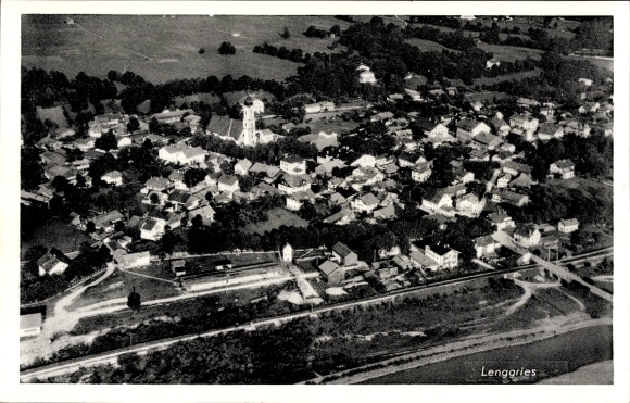 Postcard Lenggries in Upper Bavaria, aerial view of church visible, rural surroundings