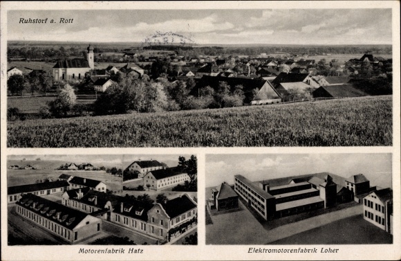 Ak Ruhstorf an der Rott, Motorenfabrik Hatz, Elektromotorenfabrik Loher, Ortspanorama