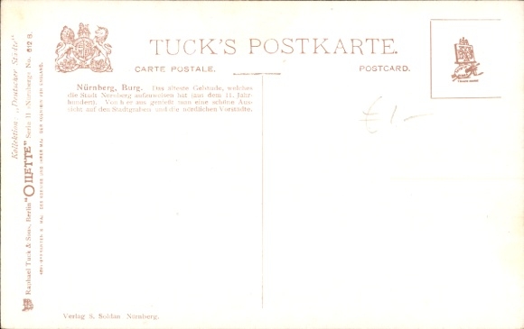 Artist PC Flower, Charles, Nuremberg in Middle Franconia Bavaria, Burg, Tuck 612B