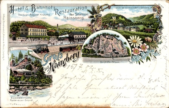 Chromo-Litho Hainsberg Freital in Saxony, Hotel & Train Station, Restaurant, Cossmannsdorf, Einsiedlerhütte