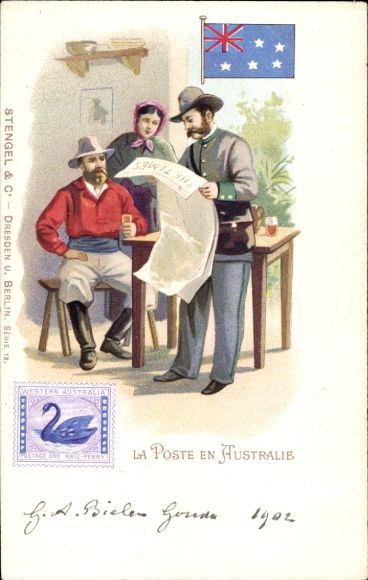 Postage stamps litho Australian, post office, postman reading from the newspaper