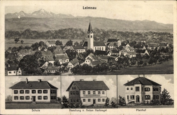 Künstler Ak Leimnau Laimnau Tettnang in Württemberg, Schule, Geschäft Anton Hertnagel, Pfarrhof