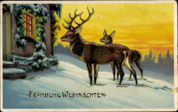 Präge Ak Frohe Weihnachten, Hirsche vor einem Haus, Winterlandschaft