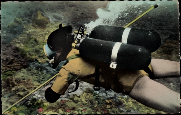 Postcard diver with harpoon