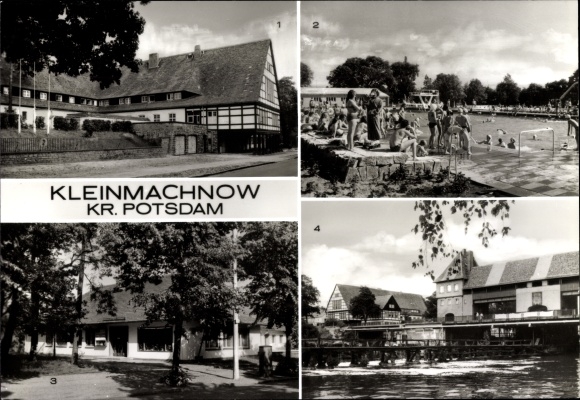 Postcard Kleinmachnow, vocational school for hydraulic engineering, outdoor pool, terrace restaurant, lock