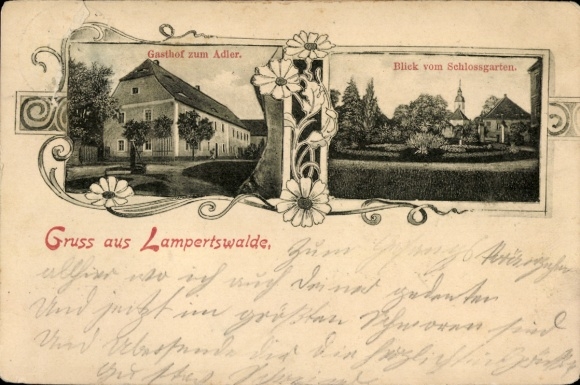 Postcard Lampertswalde in Saxony, Gasthof zum Adler, view from the castle garden