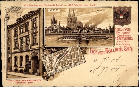 City map coat of arms Chromo-Litho Cologne on the Rhine, Hotel Hof von Holland, Hofergasse 11