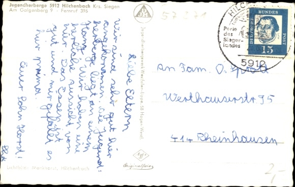 Postcard Hilchenbach in Westphalia, Youth Hostel, Am Galgenberg 9