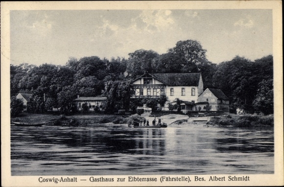 Ak Coswig in Anhalt, Gasthaus zur Elbterrasse, Fährstelle
