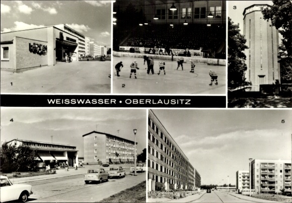 Postcard Weißwasser Oberlausitz, residential complex, HO Kaufhalle Minute, water tower, Wilhelm Pieck ice rink