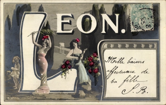 Letters Postcard First Name Leon, Two Women, Lute, Flowers