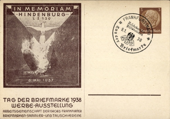 Postwaardestuk postzegeldag 1938, reclametentoonstelling, In Memoriam, LZ 129 Hindenburg