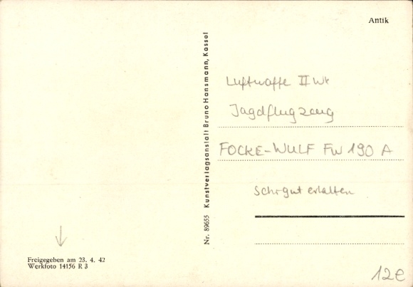Postcard German Air Force, fighter aircraft Focke Wulf Fw 190 A, fighter aircraft, company photo