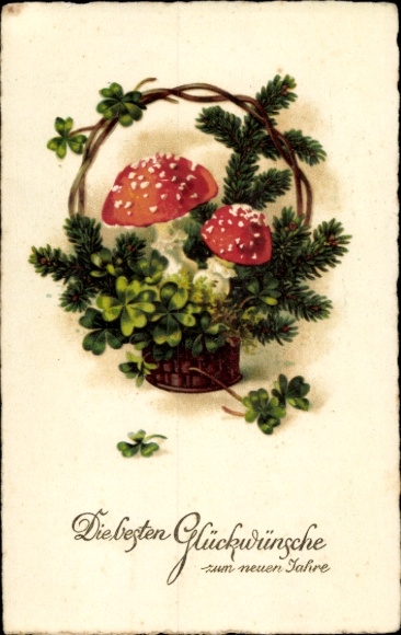Ak Glückwunsch Neujahr, Fliegenpilze, Klee