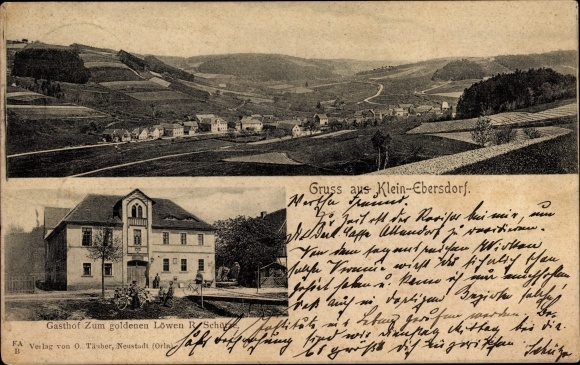 Ansichtkaart Kleinebersdorf in Thüringen, totaaloverzicht van de plaats, Gasthof zum goldenen Löwen, eigenaar R. Schütze
