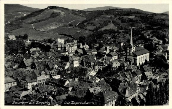 Postcard Bensheim on the Bergstraße Hesse, aerial view of church building, vineyards in the background