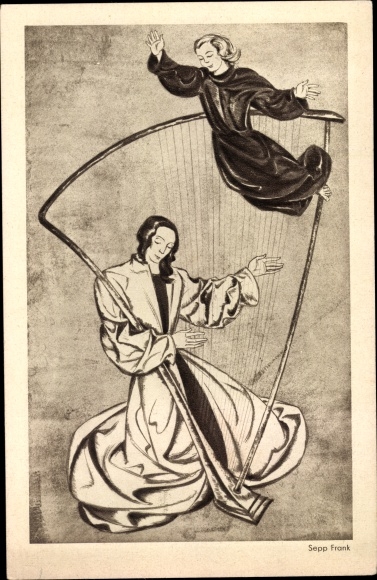 Artist PC Frank, Sepp, woman playing a harp, Munich emergency aid lottery April 1933