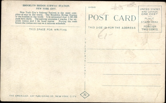 Postcard New York City USA, Brooklyn Bridge Subway Station
