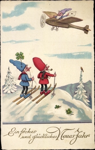 Artist PC Baumgarten, Fritz, Happy New Year, dwarfs on skis and on a plane, shamrocks