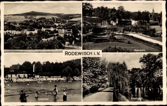 Postcard Rodewisch in Vogtland Saxony, general view, public bath, public park