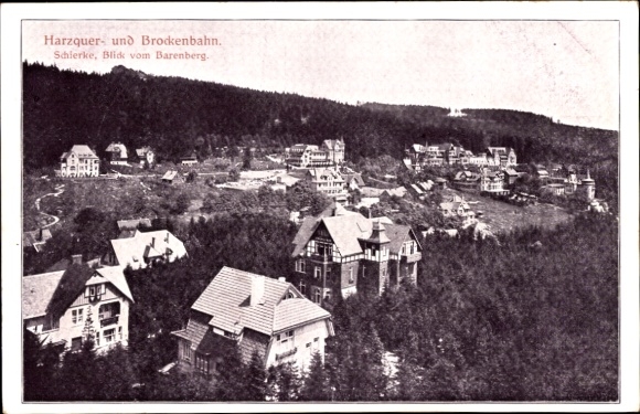 Postcard Schierke Wernigerode in the Harz Mountains, view from Bärenberg, Harzquer and Brockenbahn